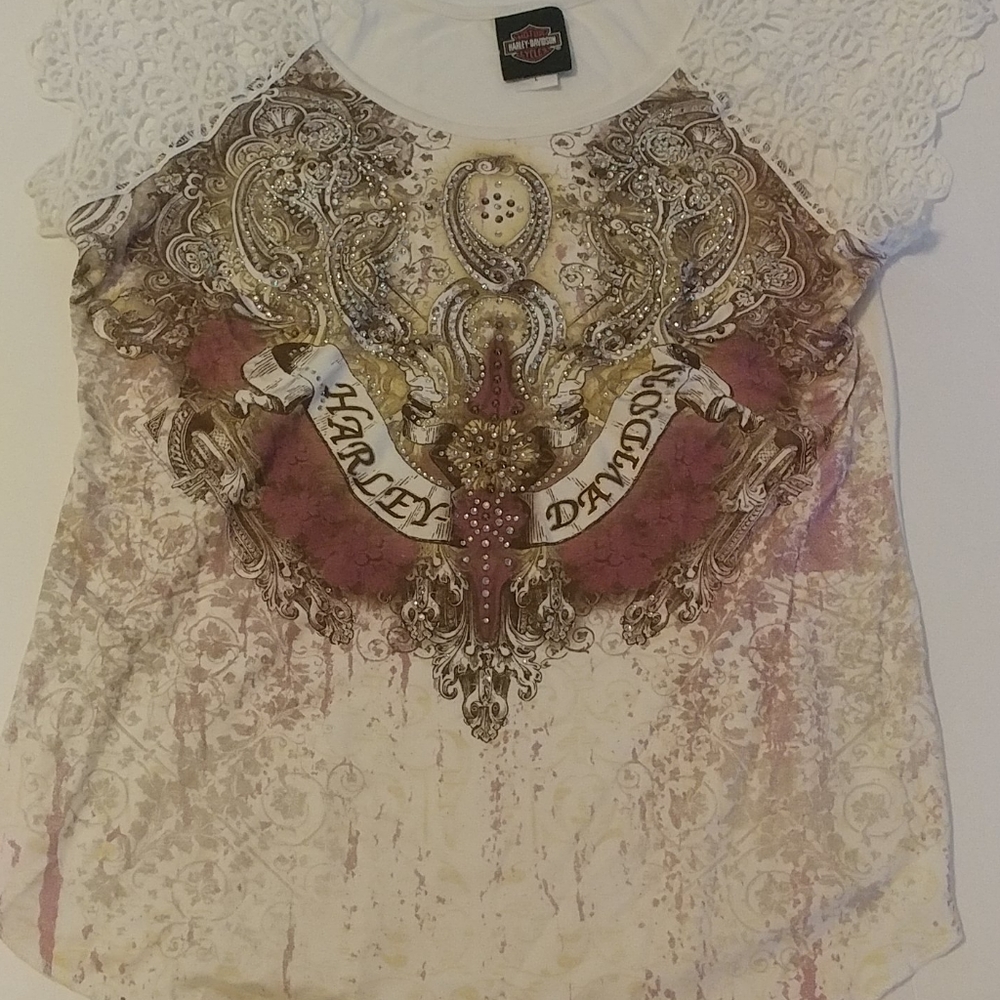 Harley Davidson cap sleeve Lace top Large EUC